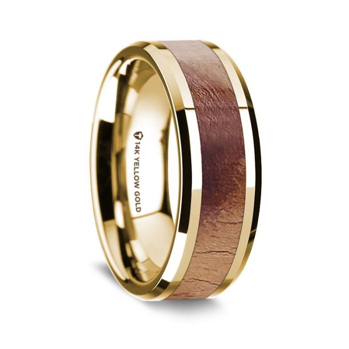 14k Yellow Gold Men's Wedding Band with Olive Wood Inlay