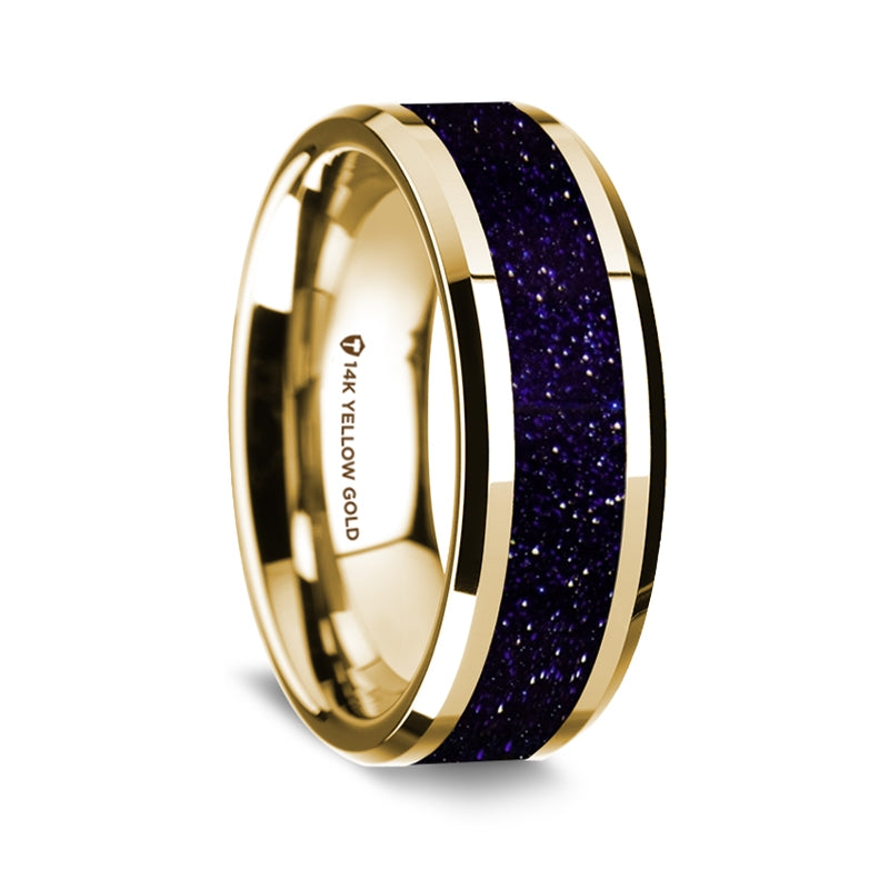 14k Yellow Gold Men's Wedding Band with Purple Goldstone Inlay