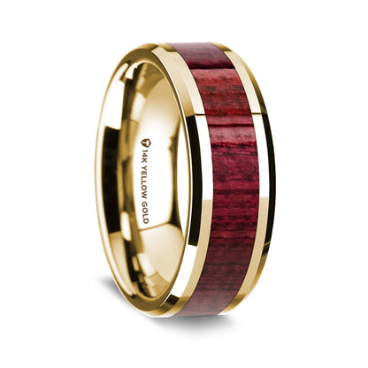 14k Yellow Gold Men's Wedding Band with Purpleheart Wood Inlay