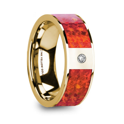 14k Yellow Gold Men's Wedding Band with Red Opal Inlay & Diamond