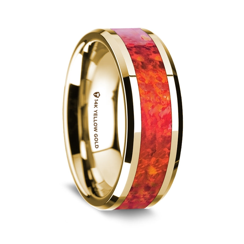 14k Yellow Gold Men's Wedding Band with Red Opal Inlay