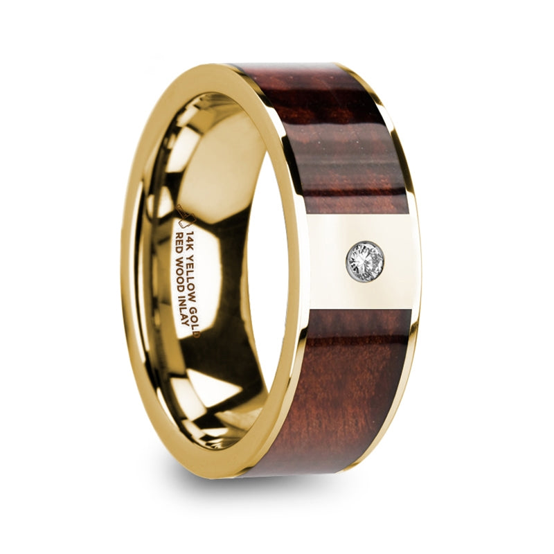 14k Yellow Gold Men's Wedding Band with Red Wood Inlay & Diamond