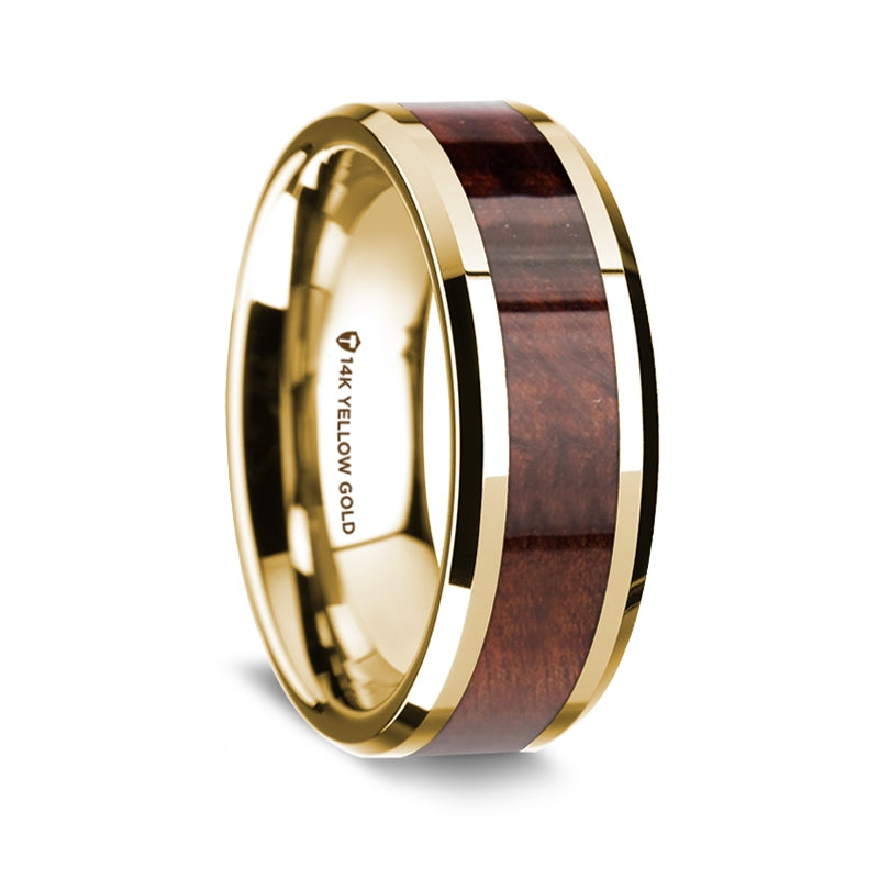 14k Yellow Gold Men's Wedding Band with Redwood Inlay