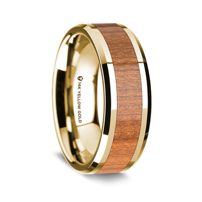 14k Yellow Gold Men's Wedding Band with Sapele Wood Inlay