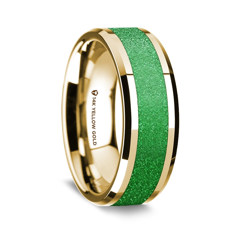 14k Yellow Gold Men's Wedding Band with Sparkling Green Inlay