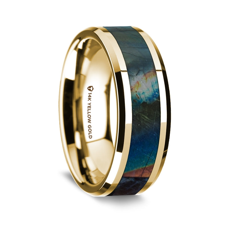 14k Yellow Gold Men's Wedding Band with Spectrolite Inlay