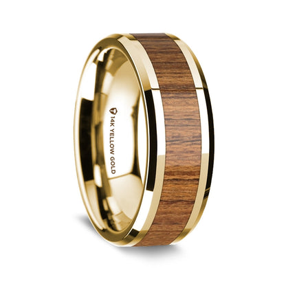 14k Yellow Gold Men's Wedding Band with Teak Wood Inlay