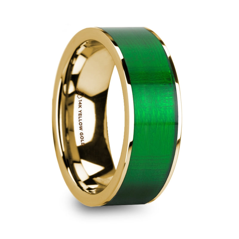 14k Yellow Gold Men's Wedding Band with Textured Green Inlay