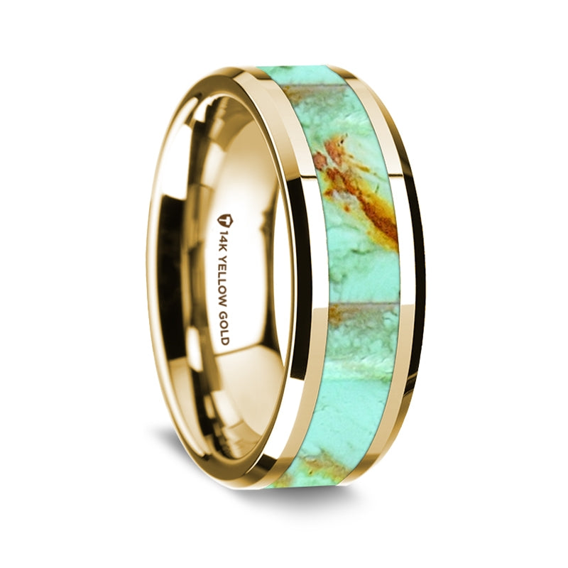 14k Yellow Gold Men's Wedding Band with Turquoise Inlay