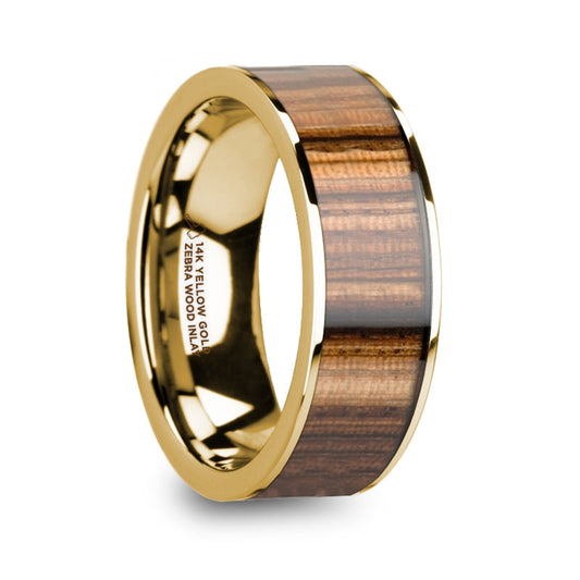 14k Yellow Gold Men's Wedding Band with Zebra Wood Inlay