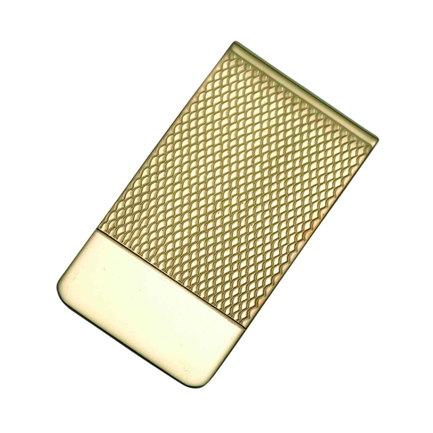A 14k yellow gold 1" money clip with etched end signet displayed on a neutral white background.
