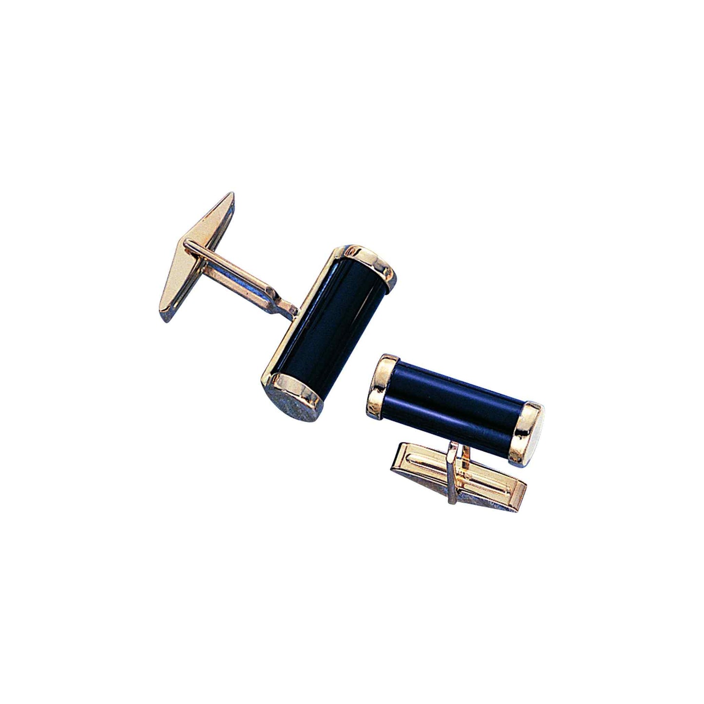 A 14k yellow gold onyx cylinder cufflinks displayed on a neutral white background.
