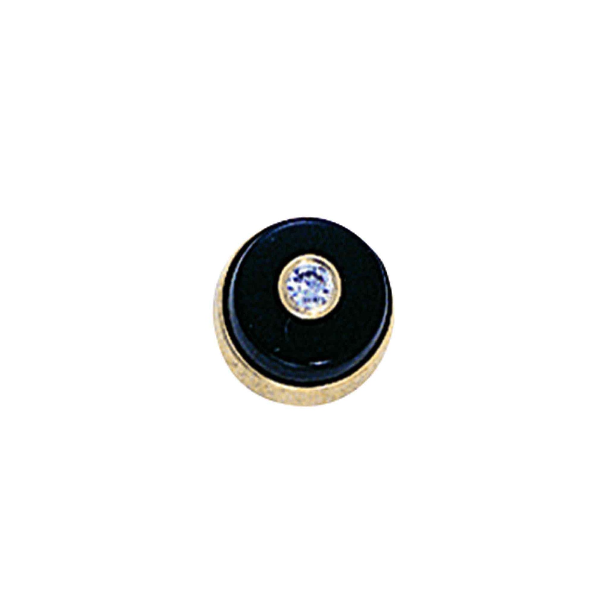 A 14k yellow gold onyx & diamond tie tack with .04ctw diamonds displayed on a neutral white background.