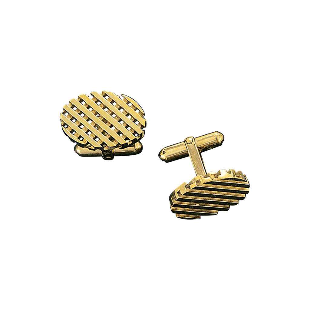 A 14k yellow gold oval waffle cufflinks displayed on a neutral white background.