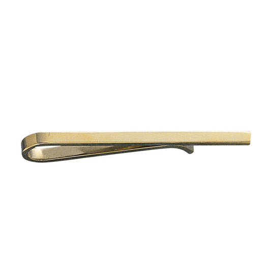 A 14k yellow gold skinny tie slide displayed on a neutral white background.