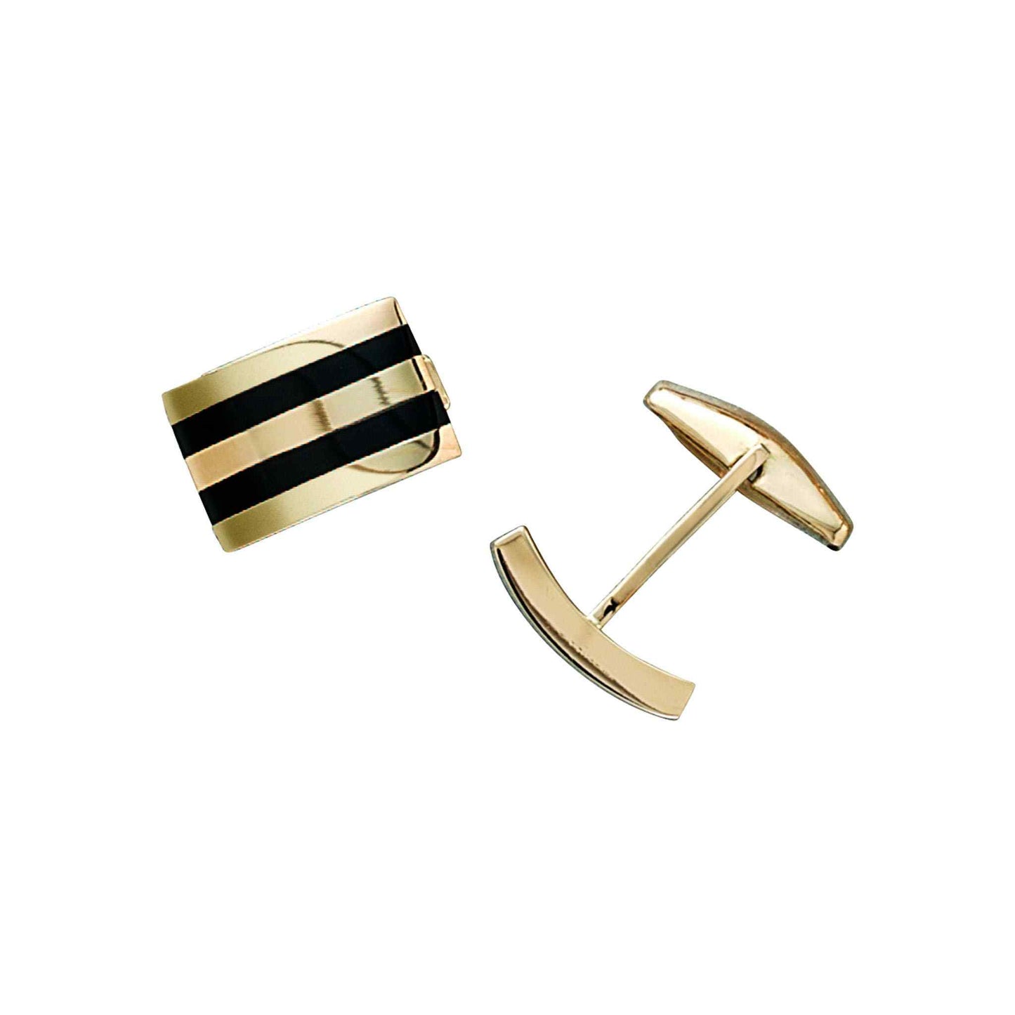 A 14k yellow gold rectangle cufflinks with inlaid onyx bars displayed on a neutral white background.