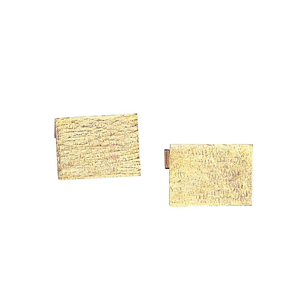 A 14k yellow gold rectangle tree bark cufflinks displayed on a neutral white background.