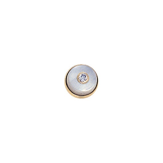 A 14k yellow gold round 8mm mother of pearl & diamond tie tack with .04ctw diamonds displayed on a neutral white background.