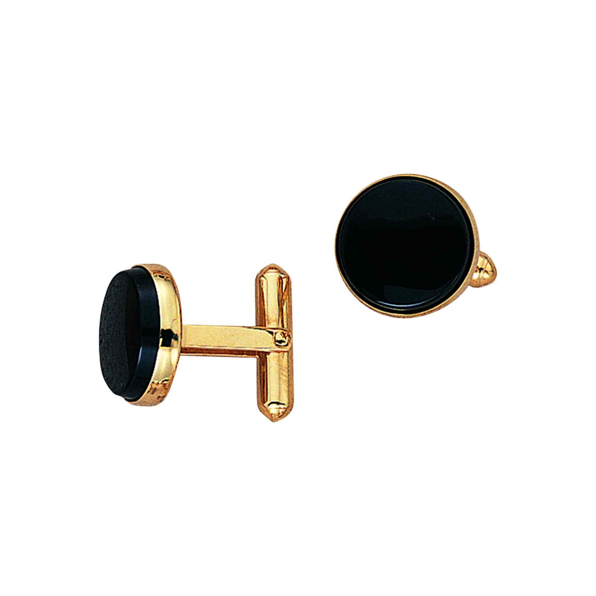 A 14k yellow gold round onyx cufflink displayed on a neutral white background.