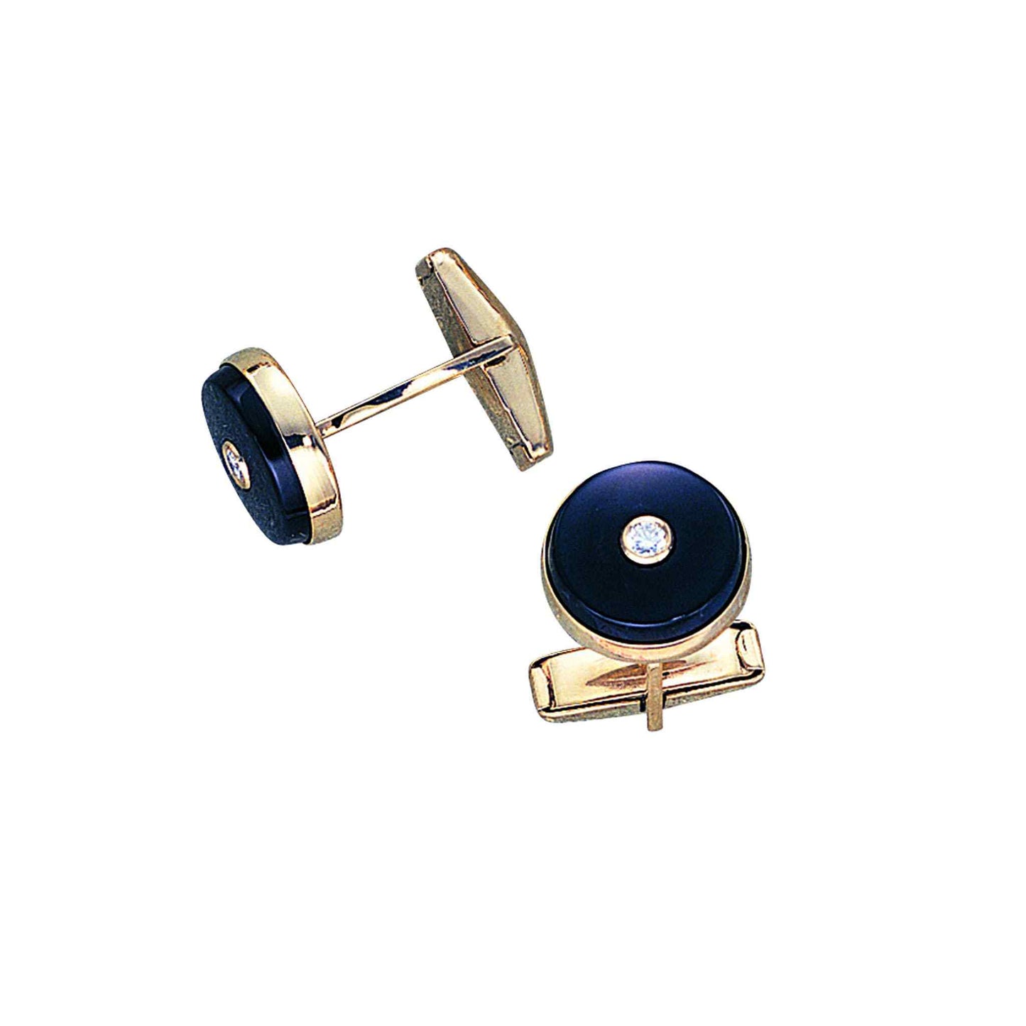 A 14k yellow gold round onyx cufflinks with .20ctw diamonds displayed on a neutral white background.