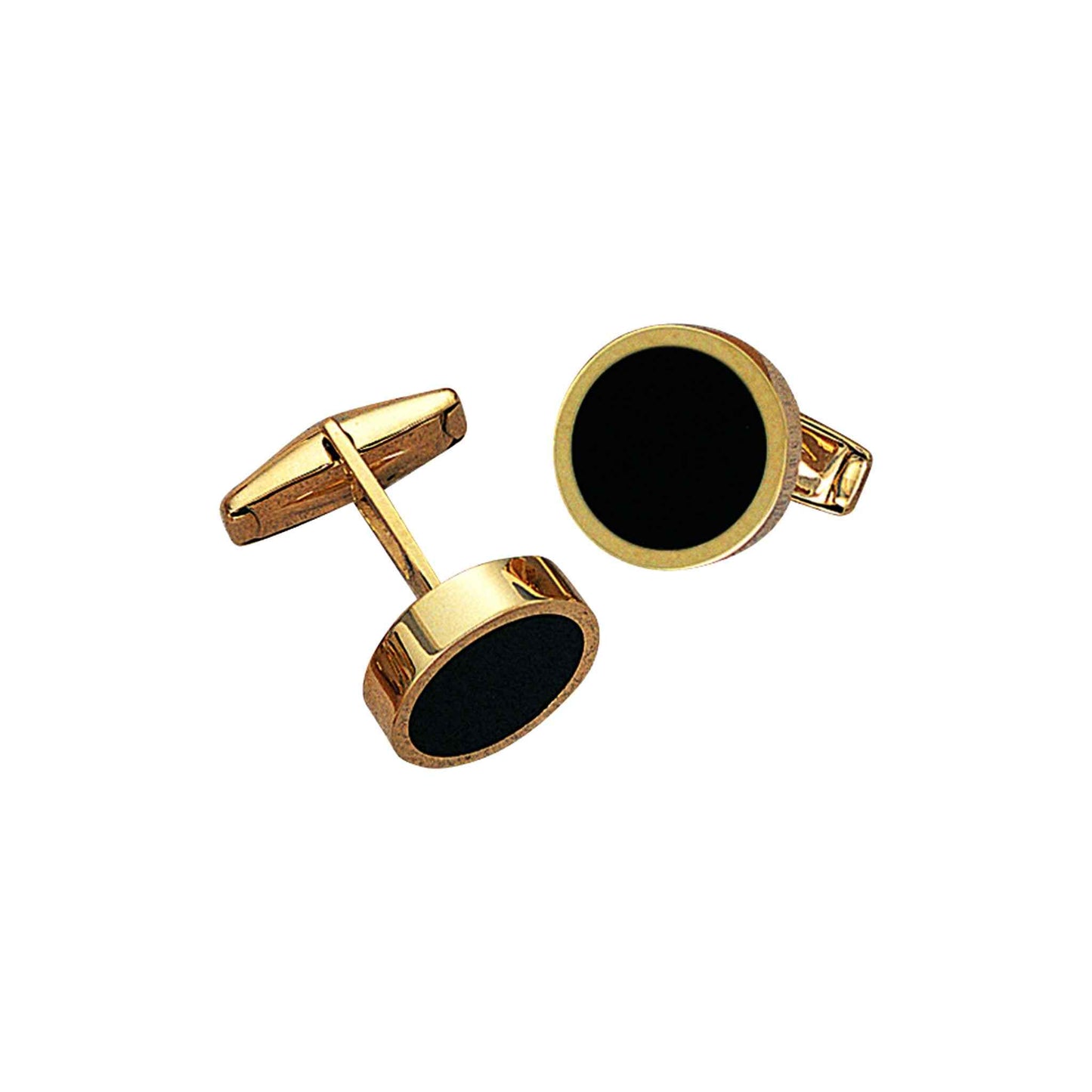 A 14k yellow gold round onyx inlay cufflinks displayed on a neutral white background.