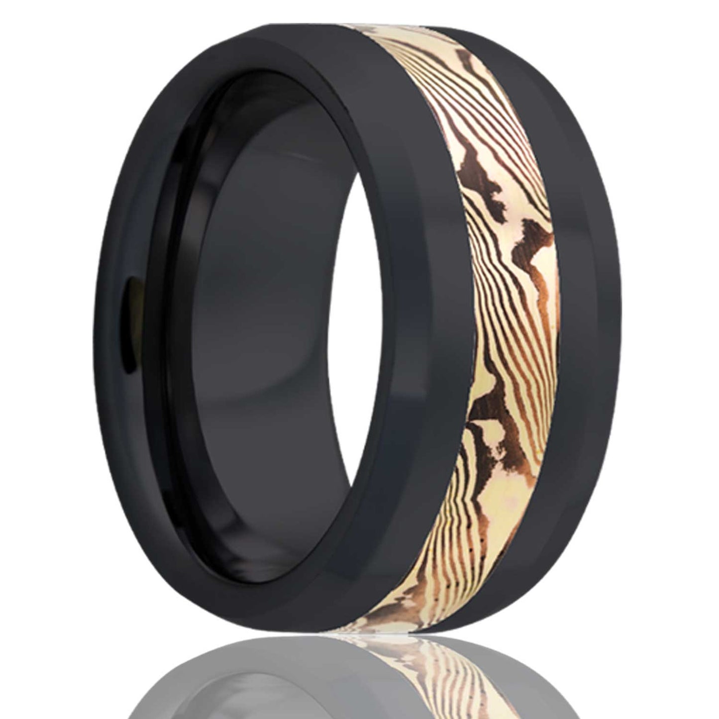 14k Yellow Gold & Shakudo Mokume Gane Inlay Zirconium Wedding Band with Beveled Edges
