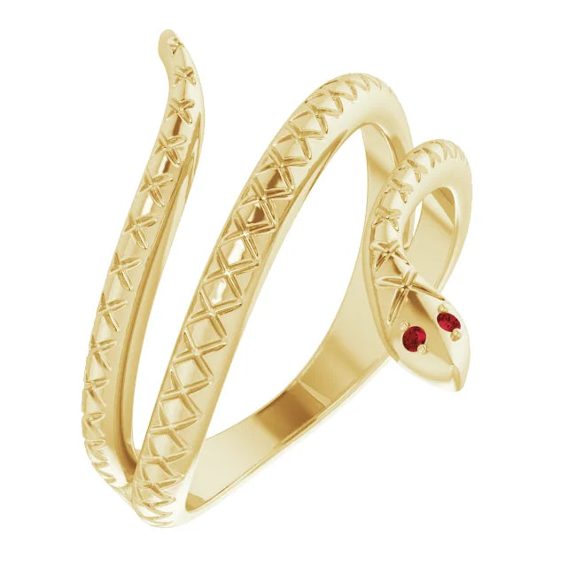 14k Yellow Gold Snake Shaped Women's Ring with Garnet Eyes