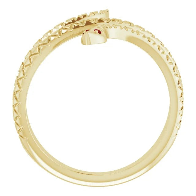 14k Yellow Gold Snake Shaped Women's Ring with Garnet Eyes