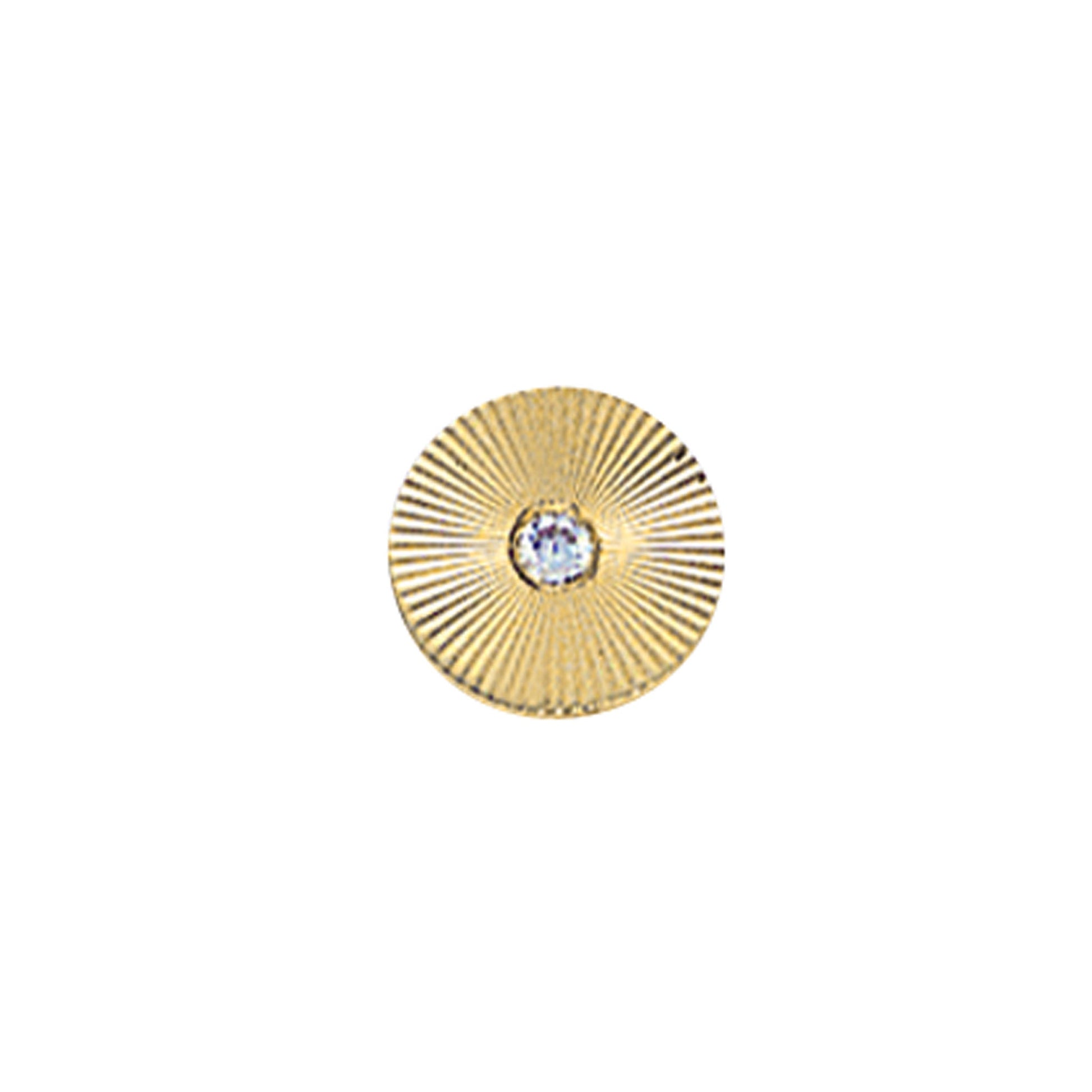 A 14k yellow gold sunray facet cut tie tack with .04ctw diamonds displayed on a neutral white background.