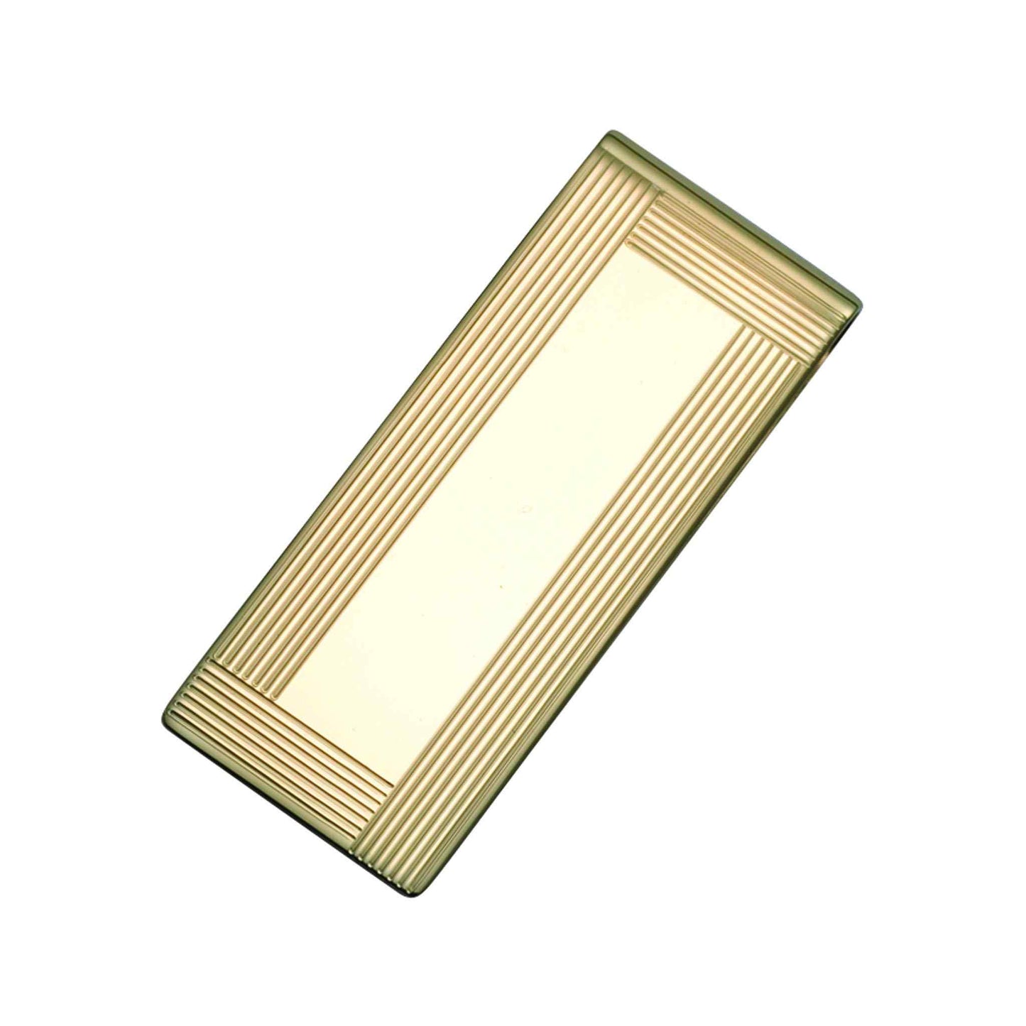 A 14k yellow gold 3/4" etched 4-way money clip displayed on a neutral white background.