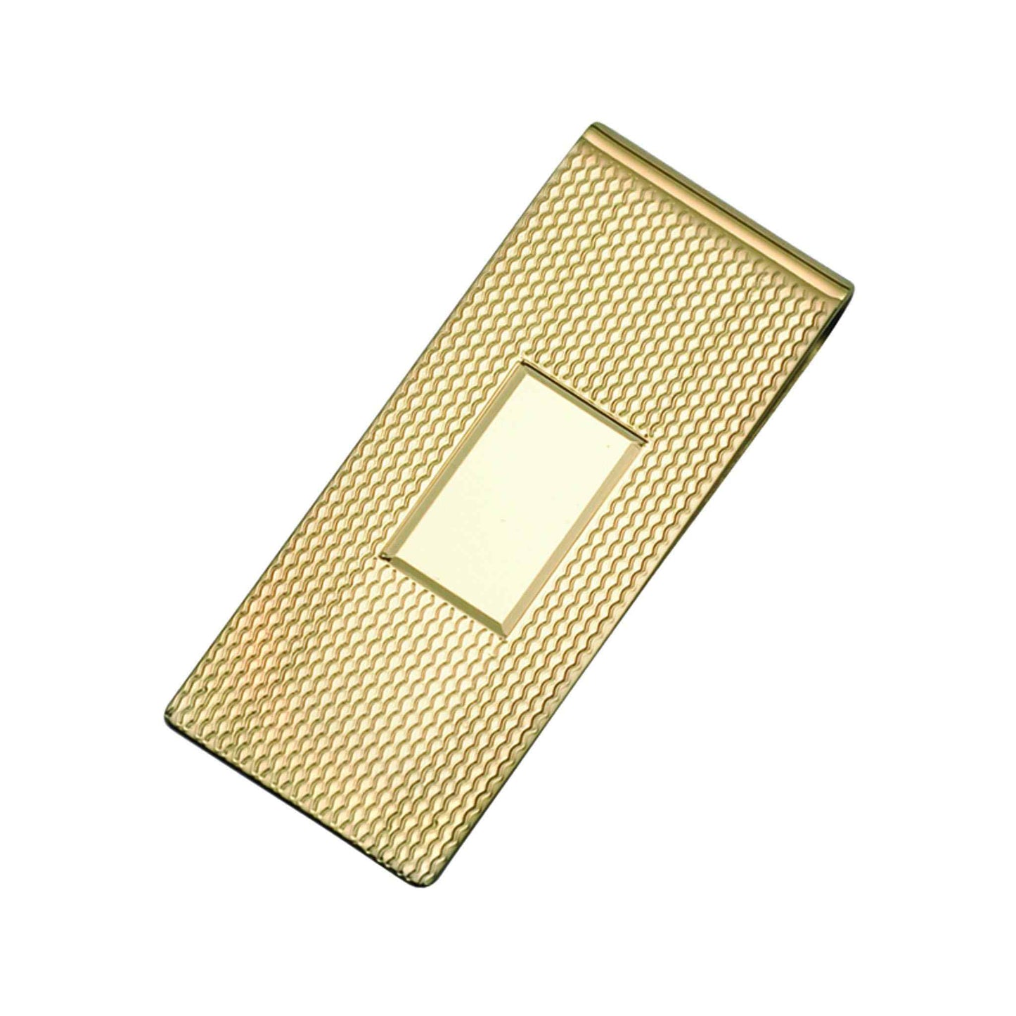 A 14k yellow gold 3/4" money clip with etched center signet displayed on a neutral white background.
