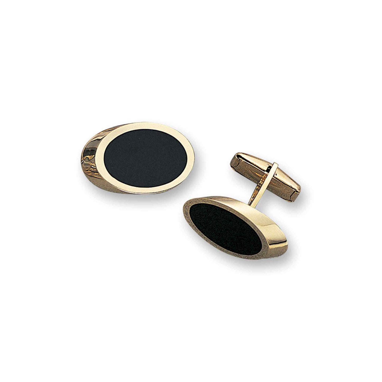 A 14k yellow gold wedge cufflinks with onyx displayed on a neutral white background.