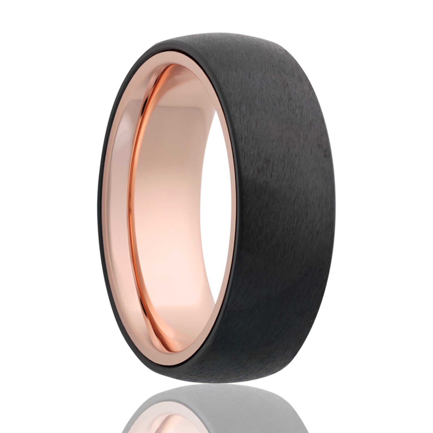 A satin finish zirconium wedding band with contrasting 14k rose gold interior displayed on a neutral white background.