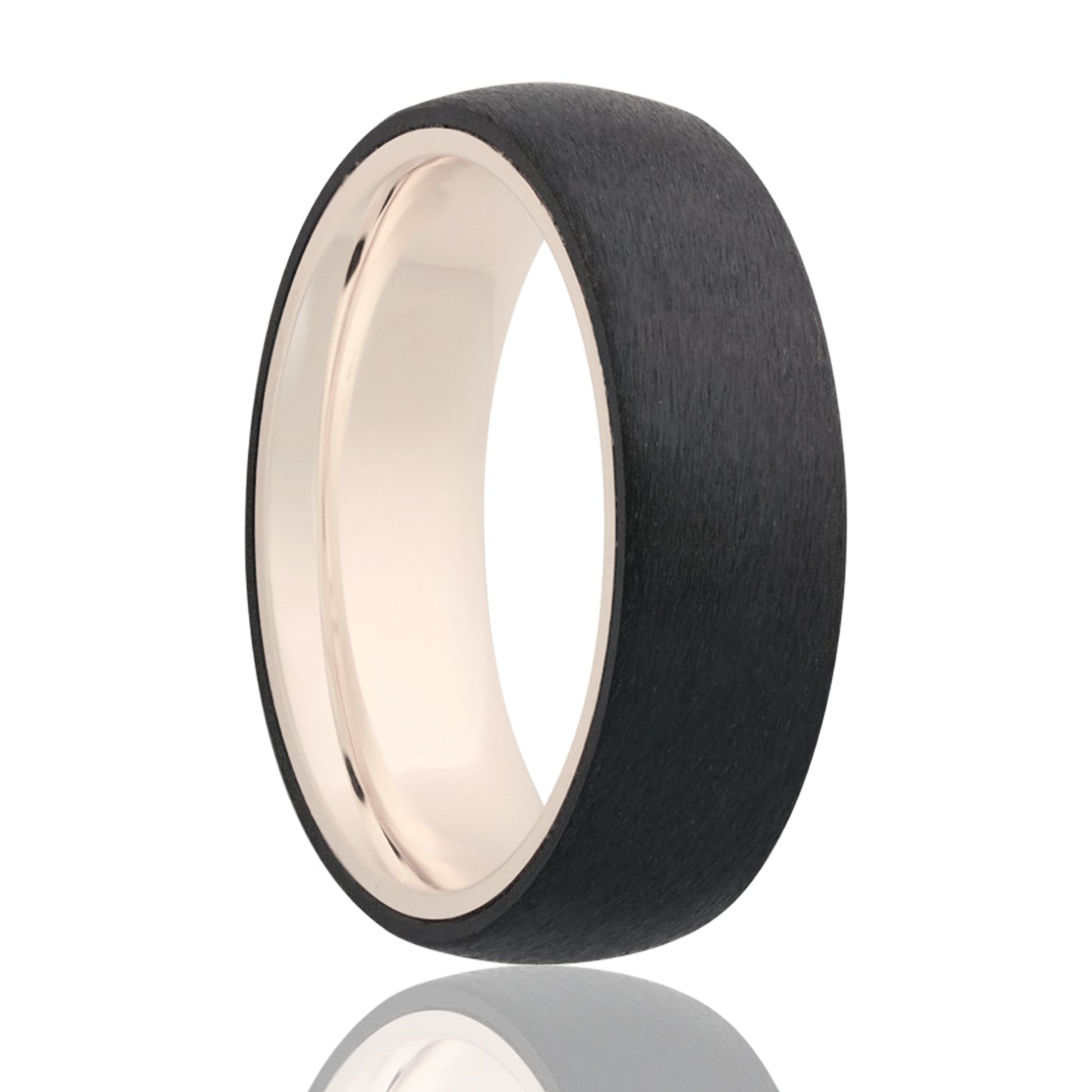 A satin finish wedding band with contrasting 14k white gold interior displayed on a neutral white background.