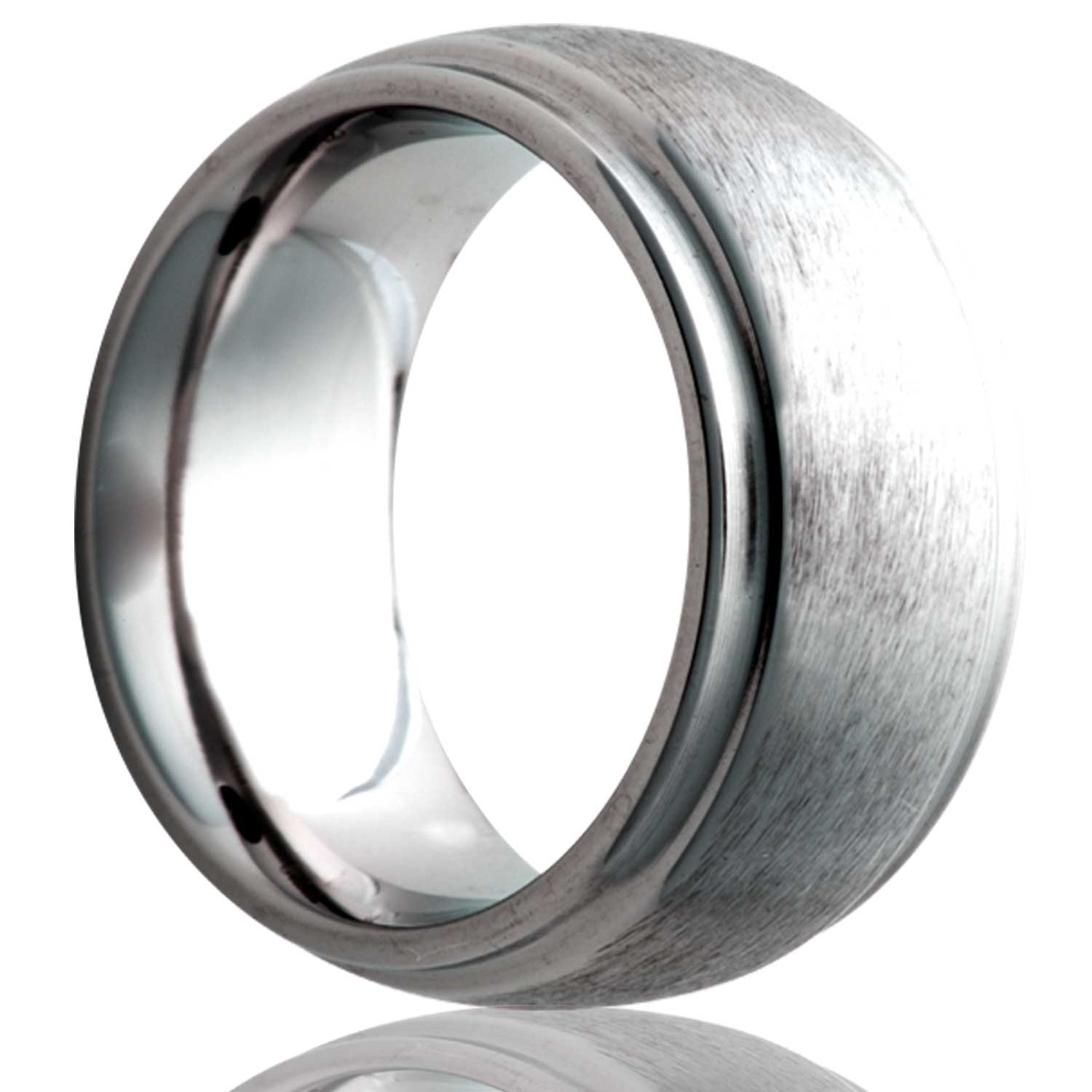 A domed satin finish tungsten wedding band with stepped edges displayed on a neutral white background.