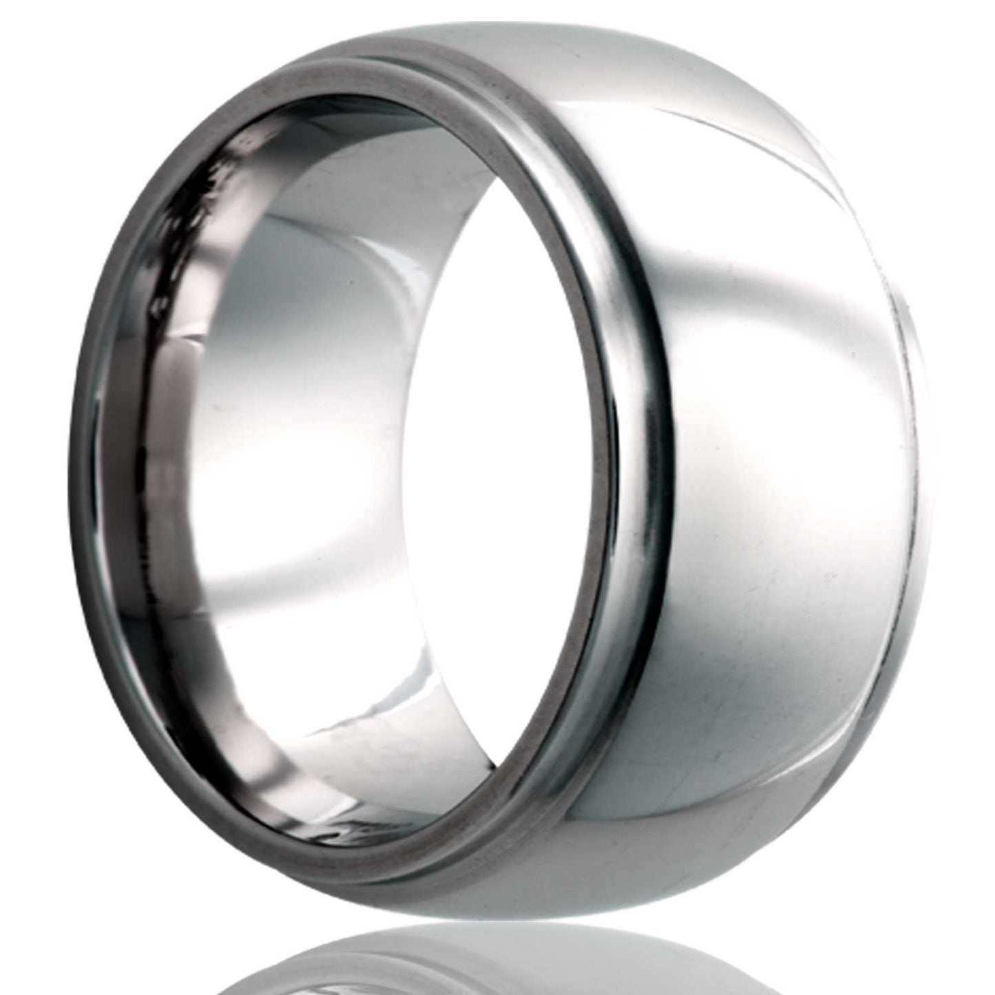 A domed tungsten wedding band with stepped edges displayed on a neutral white background.