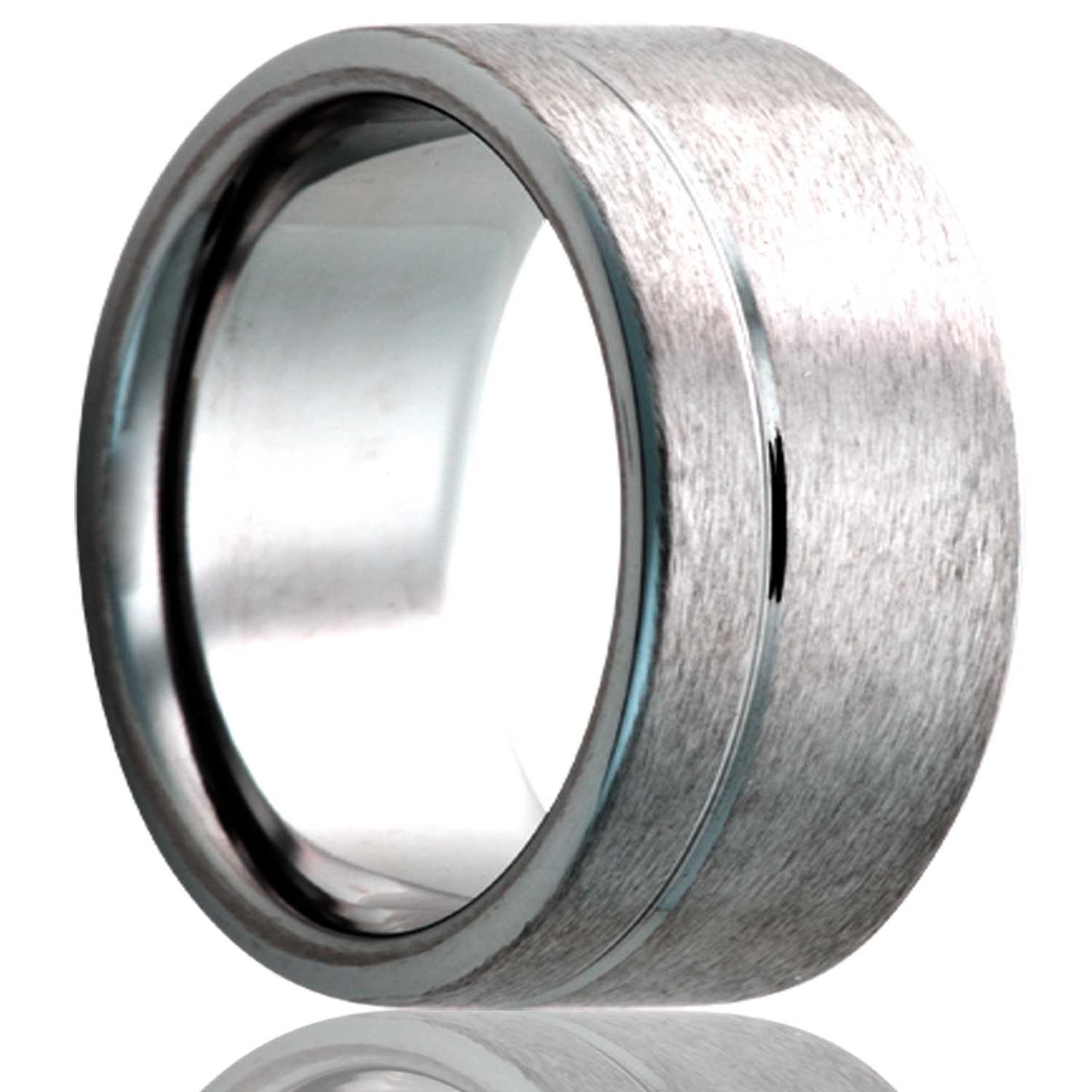 A satin finish grooved tungsten wedding band with polished asymmetrical stripe displayed on a neutral white background.