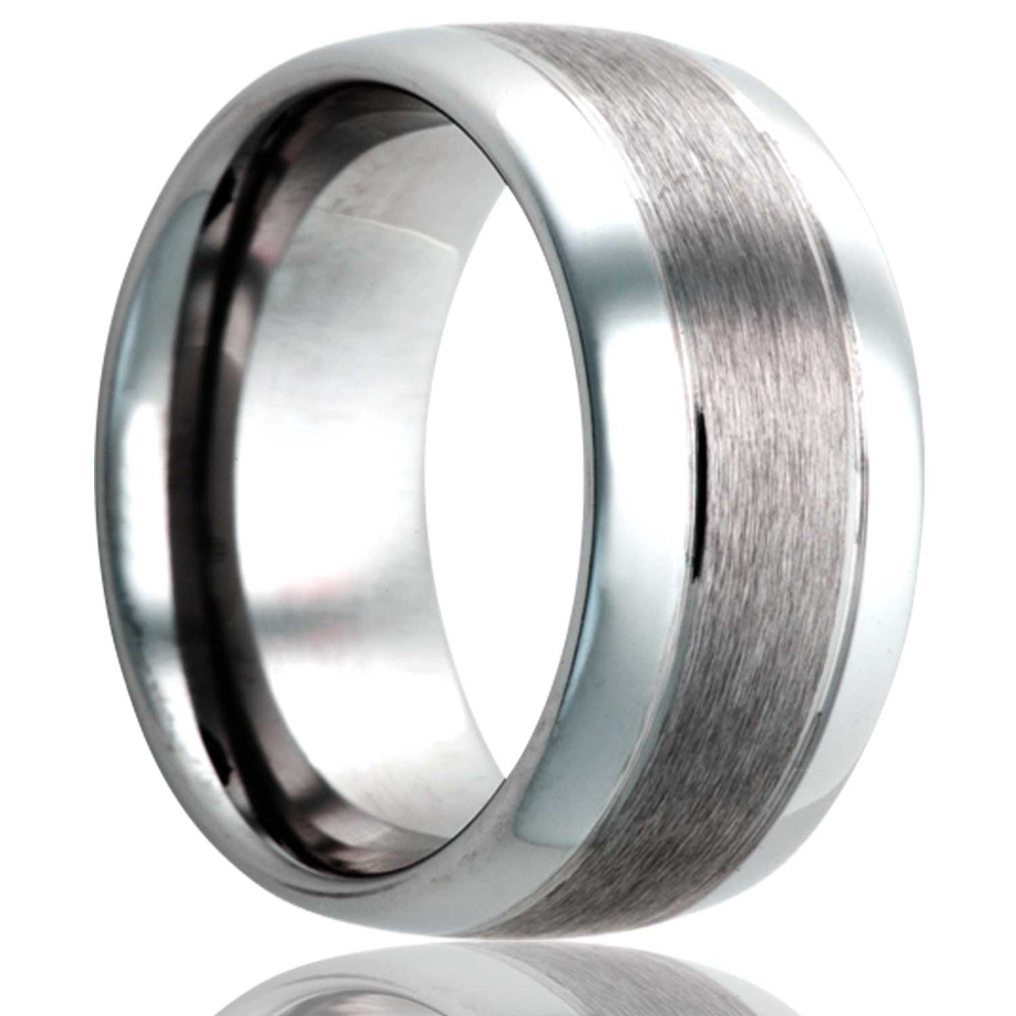 A domed satin finish tungsten wedding band with polished edges displayed on a neutral white background.