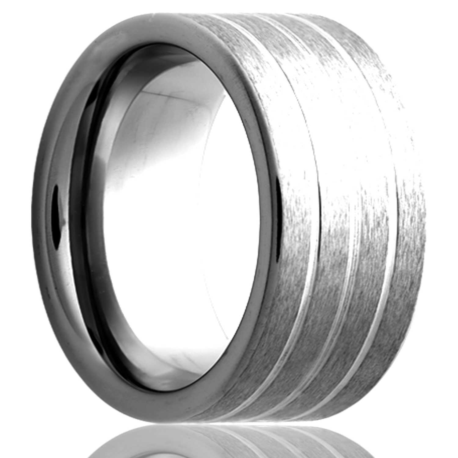 A triple grooved satin finish tungsten wedding band displayed on a neutral white background.