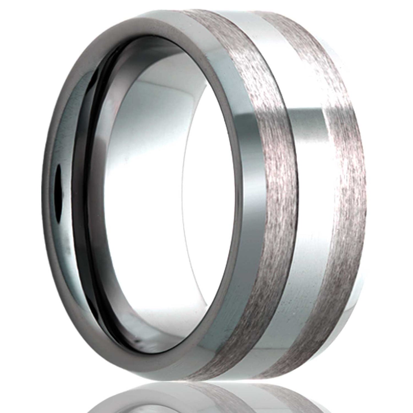 A satin finish tungsten wedding band with polished center & beveled edges displayed on a neutral white background.