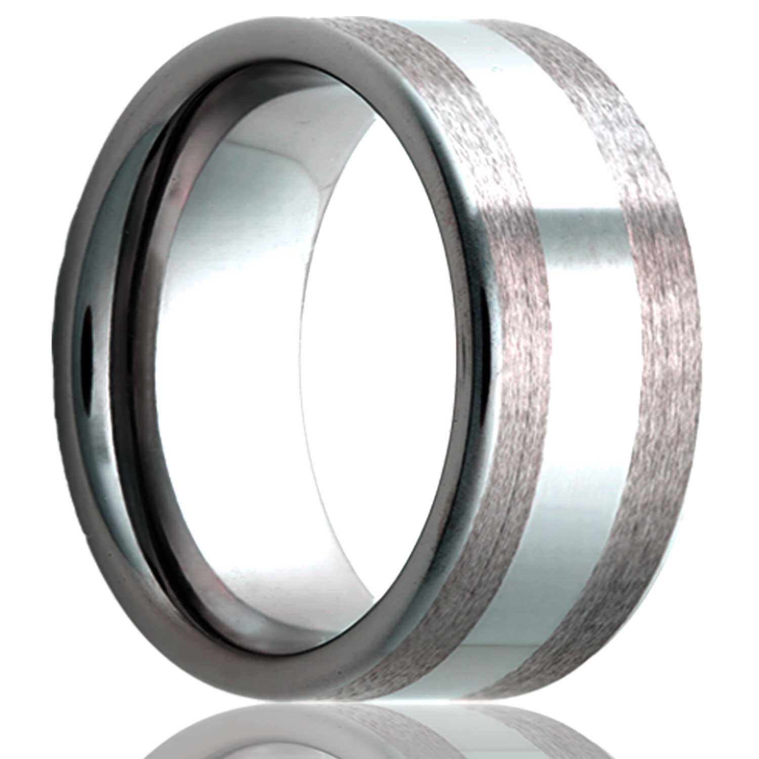 A satin finish tungsten wedding band with polished stripe displayed on a neutral white background.