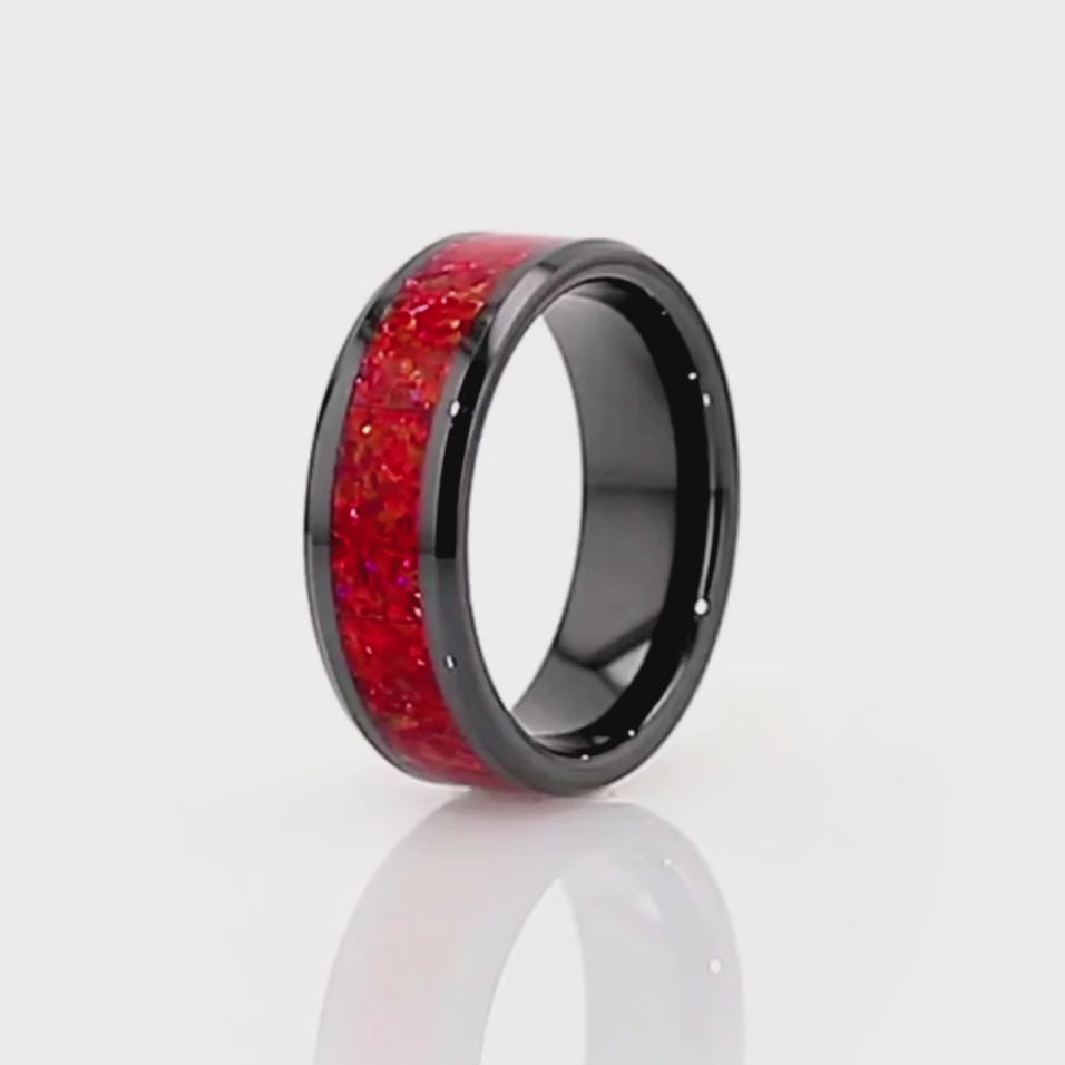 Black Ceramic Women's Wedding Band with Red Opal Inlay