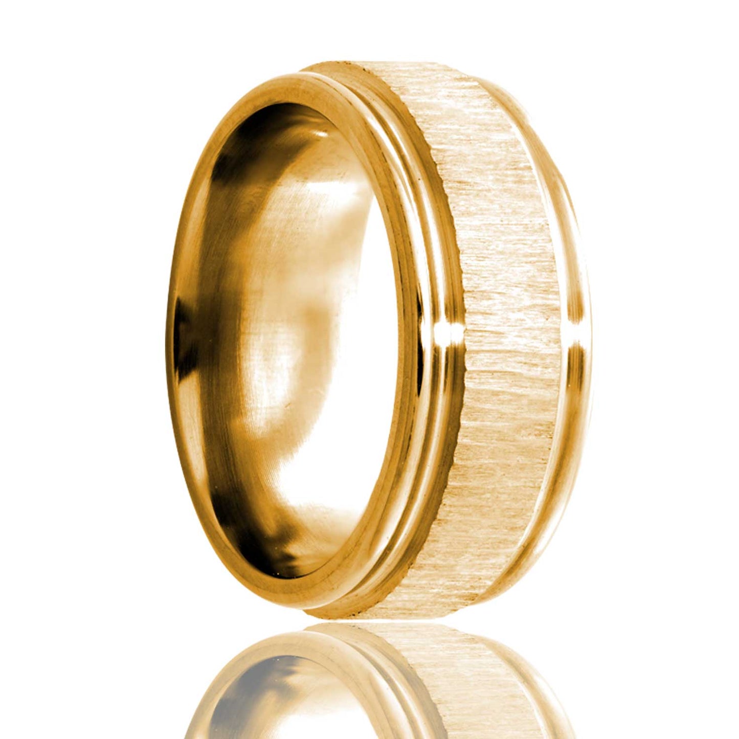 A treebark grooved 14k gold wedding band displayed on a neutral white background.