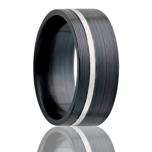 A asymmetrical inlay zirconium wedding band displayed on a neutral white background.