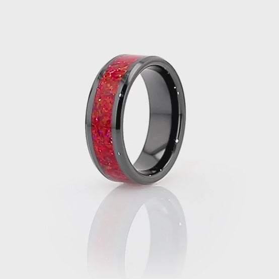 Black Ceramic Wedding Band with Red Opal Inlay