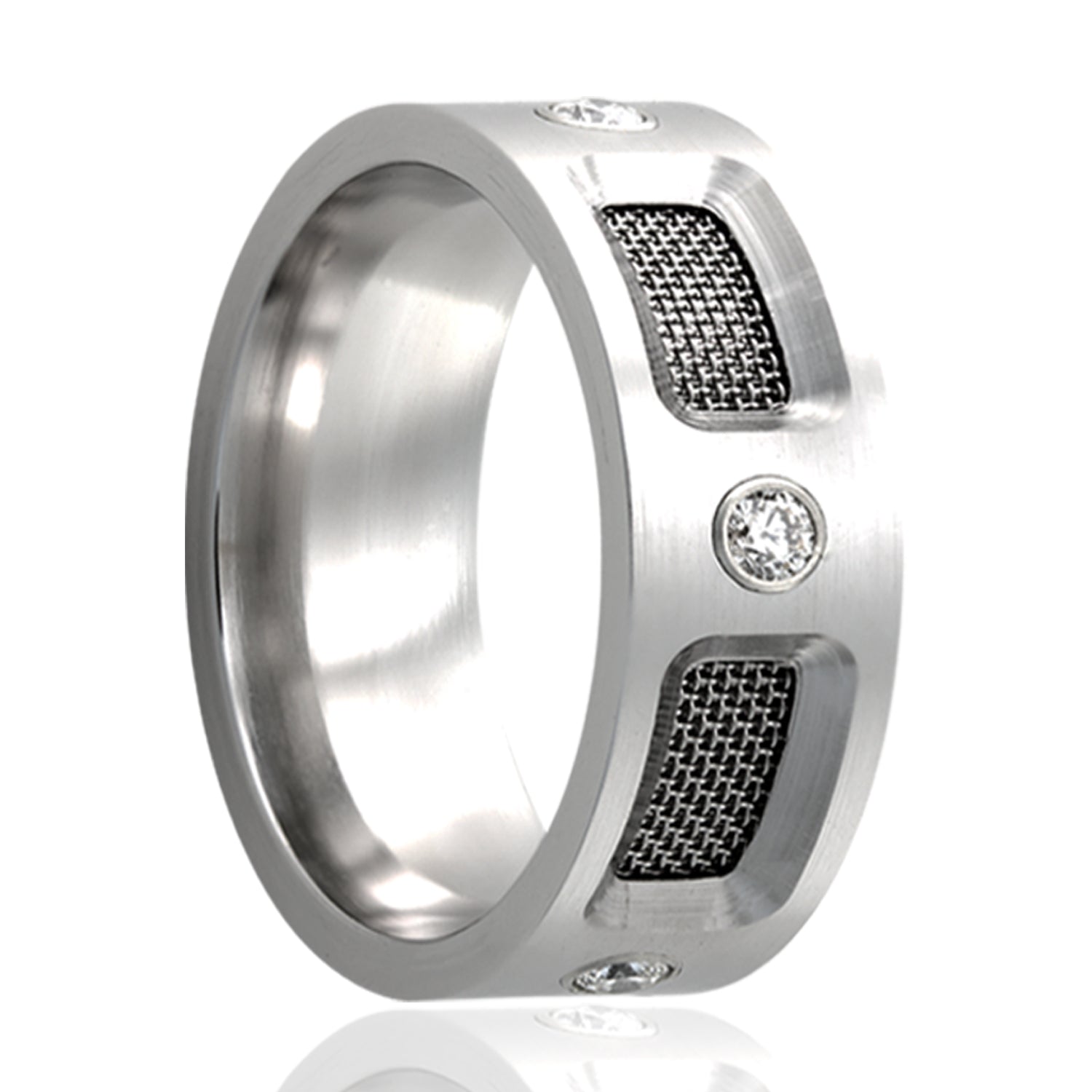 A cobalt men's wedding band with mesh inlay & diamonds displayed on a neutral white background.