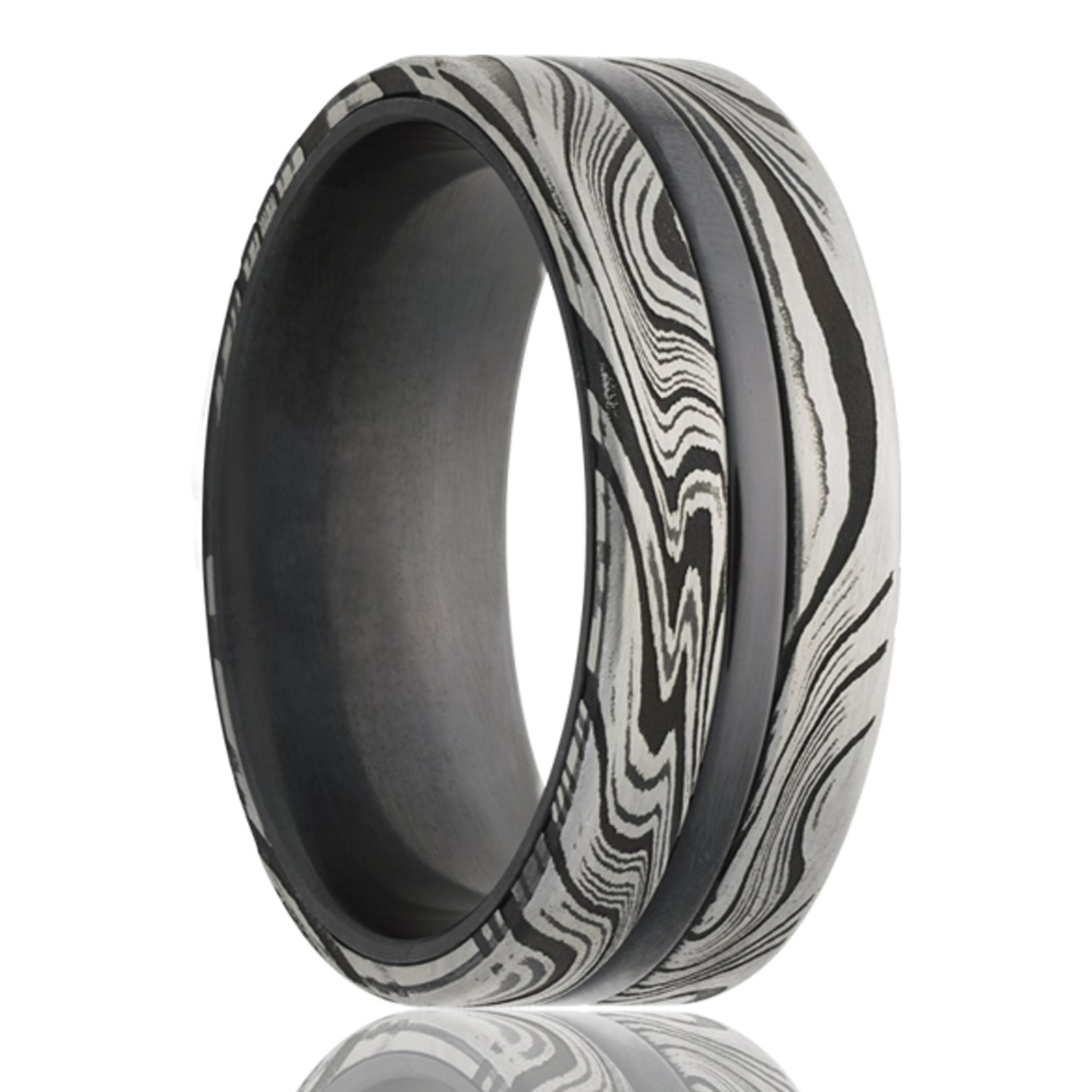 A grooved damascus steel & zirconium men's wedding band displayed on a neutral white background.
