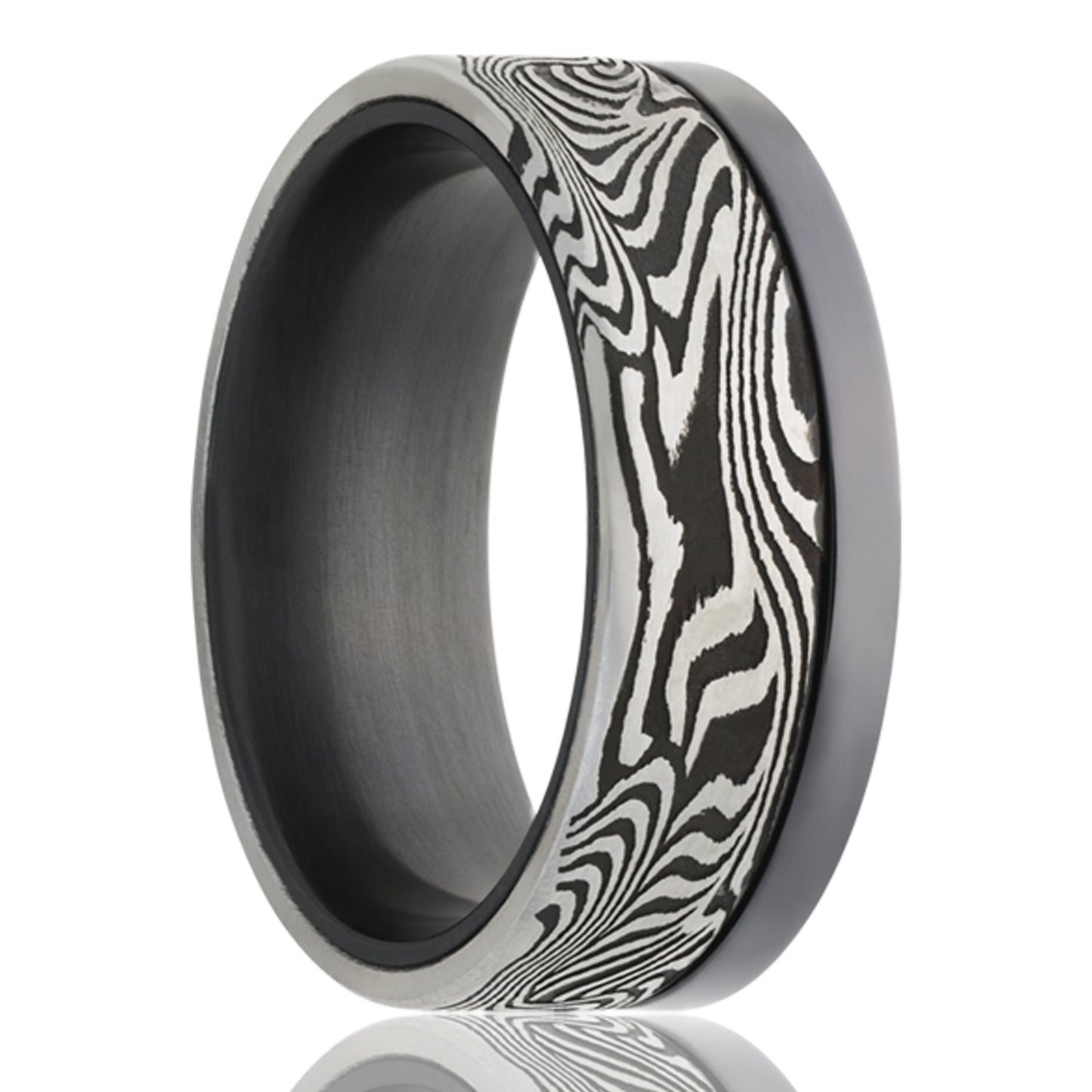A asymmetrical groove damascus steel & zirconium men's wedding band displayed on a neutral white background.