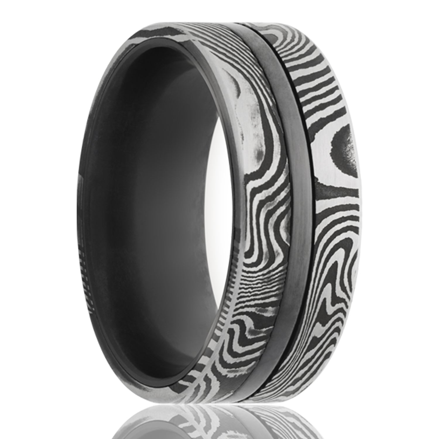 A groove damascus steel & zirconium men's wedding band displayed on a neutral white background.