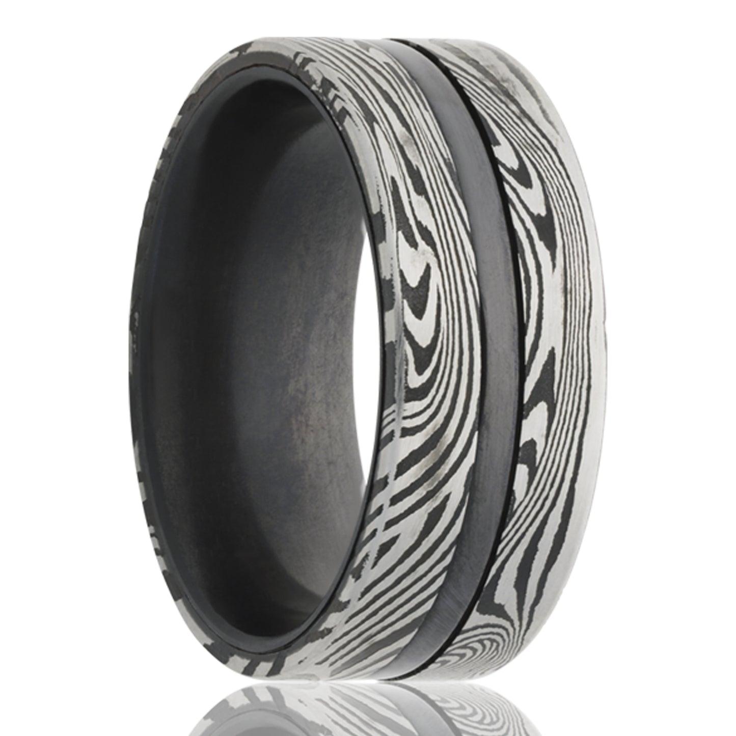 A center groove damascus steel & zirconium men's wedding band displayed on a neutral white background.